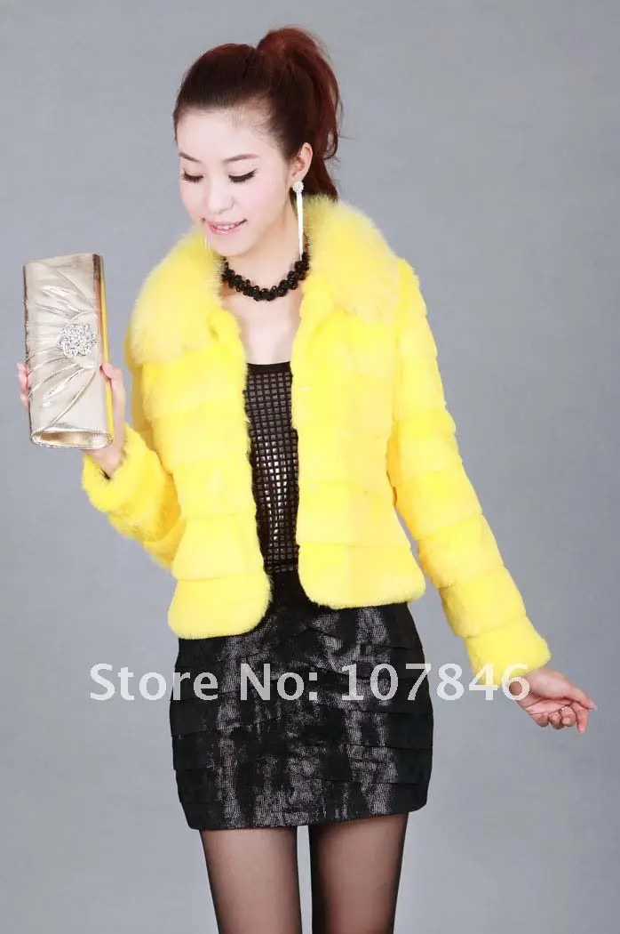 VK0004 Lady Fashion Genuine Sheared Rabbit Fur Jacket with Fox Collar Short Style Free shipping in stock 