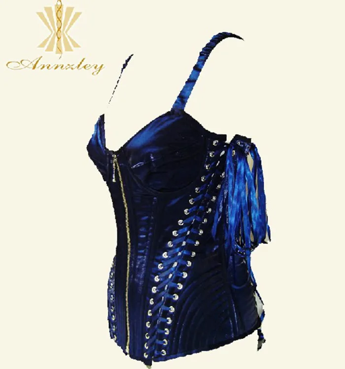 Sexy Authentic Steel Boned Blue Two Sides Lacings Front Zipper Corsets Bustiers Top With Straps (2).jpg_.webp