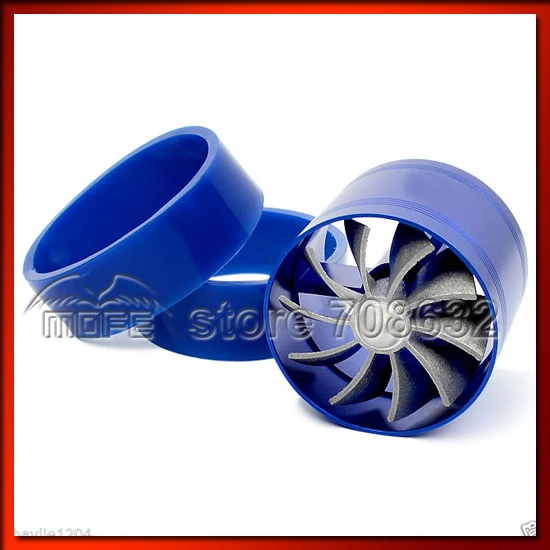 Universal Aluminum Double Propeller Turbo Air Intake Fan Blue 2