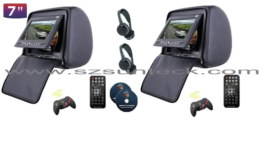 Discount free shipping one pair 7 inch headrest car dvd digital panel  with zipper cover+IR wireless headphone+32bit game+USB+SD+FM 0