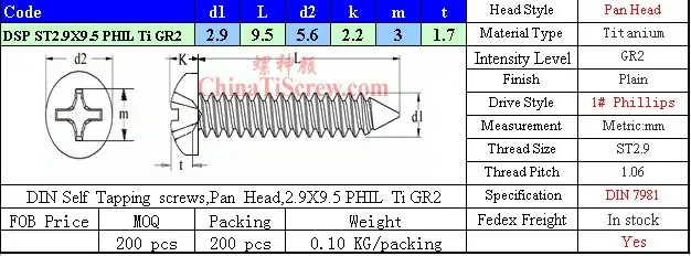 Titanium screw 2.9X9.5 DIN 7981