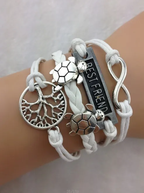 Tree of Life, Sea Turtle, Best Friend & Infinity Charm Bracelet in Silver - White Wax Cords and Leather Braid 1710