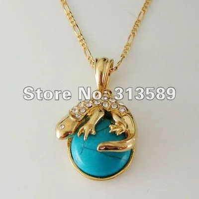 Min order 1 pcs 18K YELLOW GOLD GP EP 24" NECKLACE&TURQUOISE GECKO LIZARD CZ PENDANT/Free Shipping/Great Gift/Great Money Maker