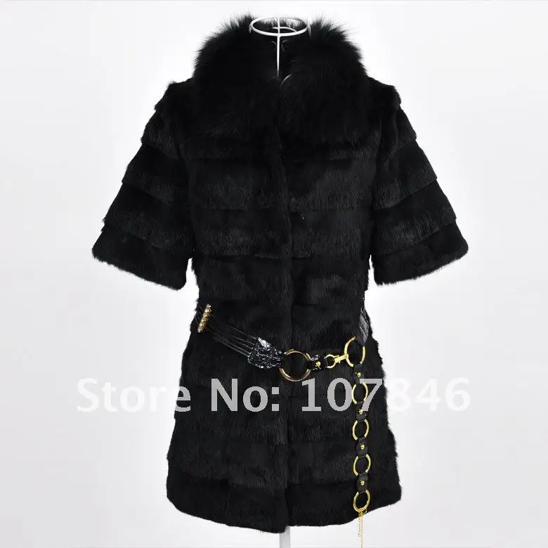VK0017 Female Genuine Sheared Rabbit Fur Coat with Fox Collar & belt In stock hot selling OEM drop shipping female garment