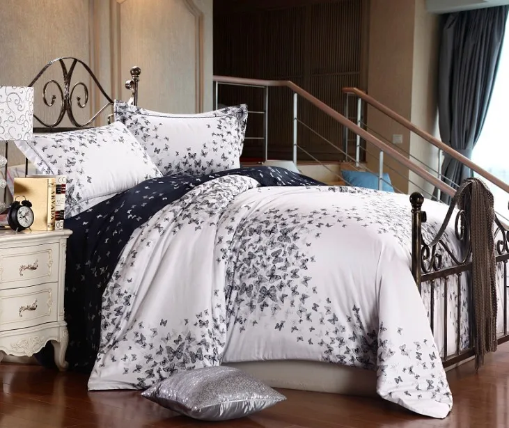 Black White Butterfly Satin Wedding Comforter Bedding Set King