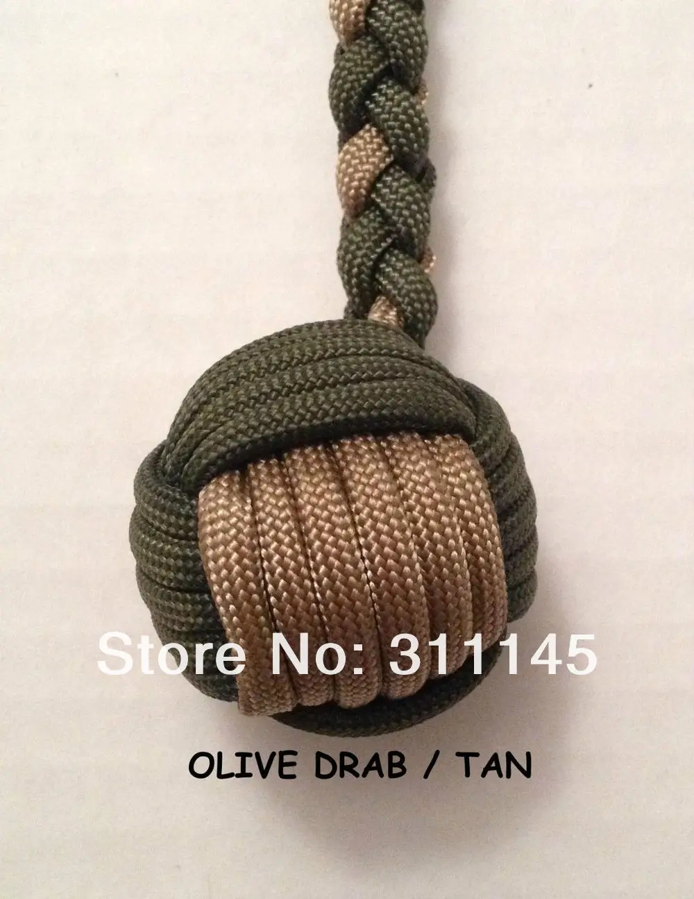 Monkey\`s Fist 1 Steel Ball Self Defense 6 Keychain wCarabiner 26  COLORS--olive drab and tan.JPG