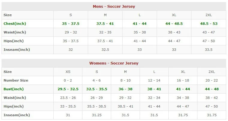 Soccer Jersey SizeChart