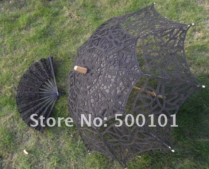 1SET ( UMBRELLA + FAN) 30'' ivory/white/black FULL BATTEN LACE lolita SUN PARASOL WEDDING BRIDAL HANDMADE 2 DESIGN