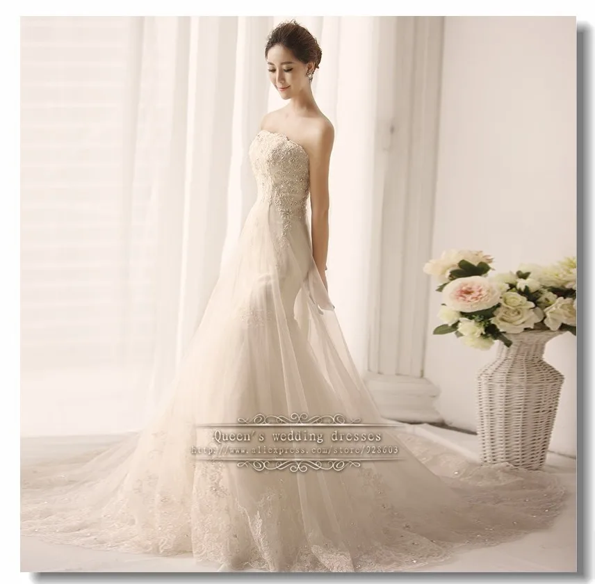 2014 Strapless Wedding Gown Lace Up A-Line Chapel Train Under $200