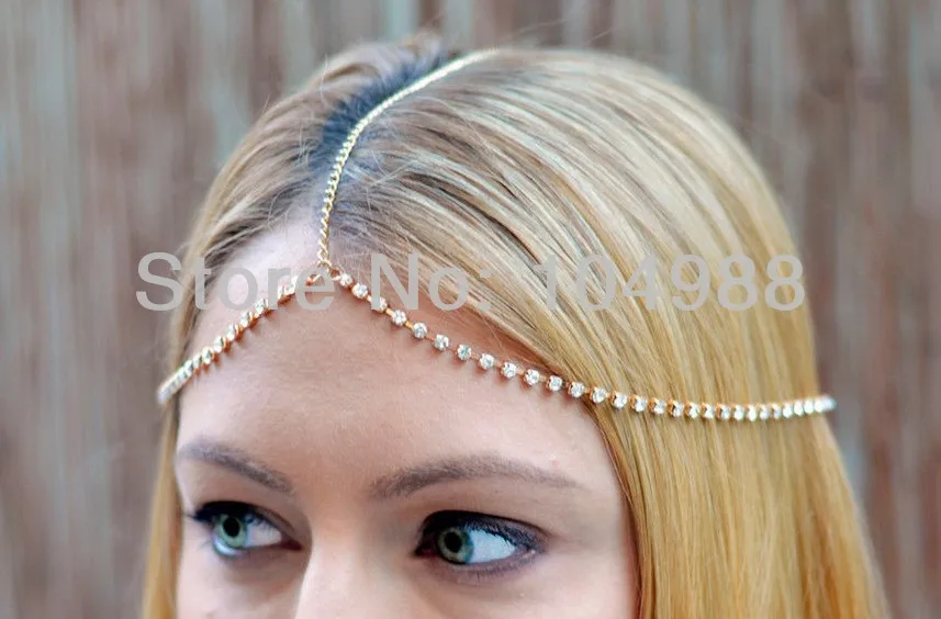 Gold Rhinestone Hair Chain Jewelry Head Boho Hippie Headpiece Cleopatra Costume