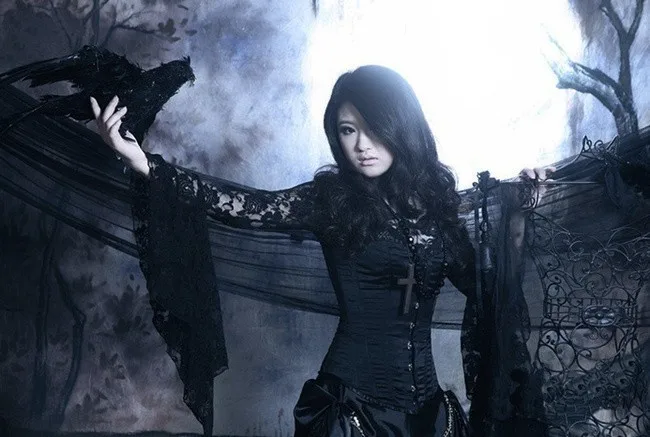 Black Gothic  Corset Wedding Dress With Long Sleeve Lace Shirt (6)