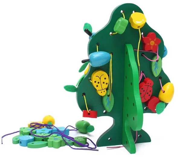 Candice guo! Hot sale educational wooden toy green fruit tree stringing beads game blocks children toys