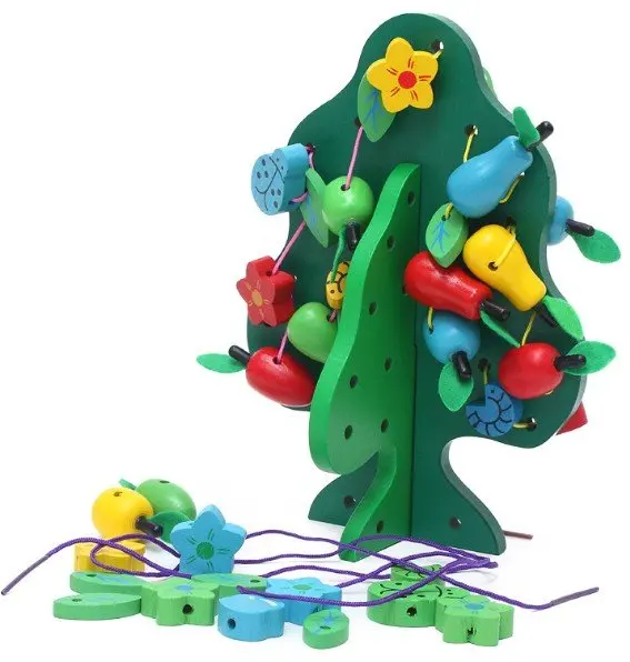Candice guo! Hot sale educational wooden toy green fruit tree stringing beads game blocks children toys