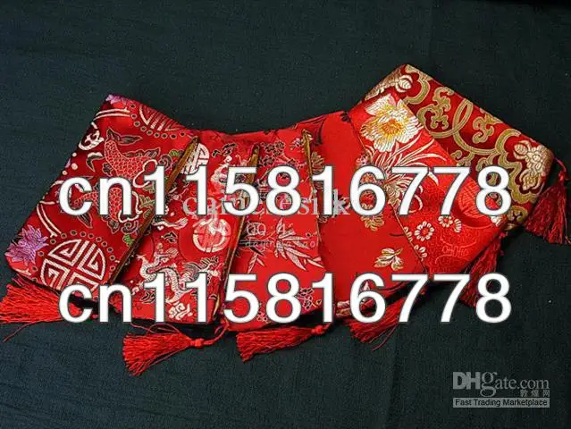 Silk Fabric Cell Phone Cover Wallet Large Zip Bags Tassel Storage Pouches 10pcs/lot mix color Free