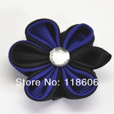 Electric Blue and black kanzashi Flower alligator clip.jpg