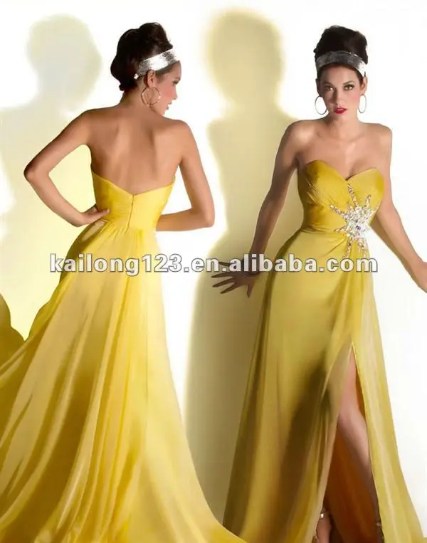 Strapless Sweetheart Flowing Floor Length Lemon Ruched Rhinestones Strapless Sweetheart Flowing Floor Length Lemon Ruched Rhinestones Side Chiffon Beautiful Prom Dress