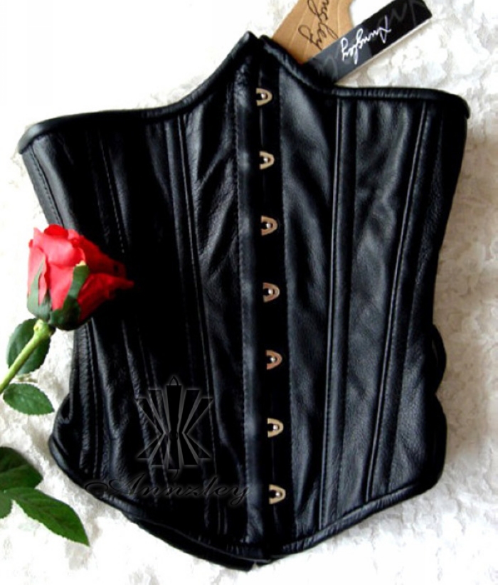 Shaper Corset Authentic black Genuine Leather Underbust Corset Steel Boned Waist Cincher.JPG