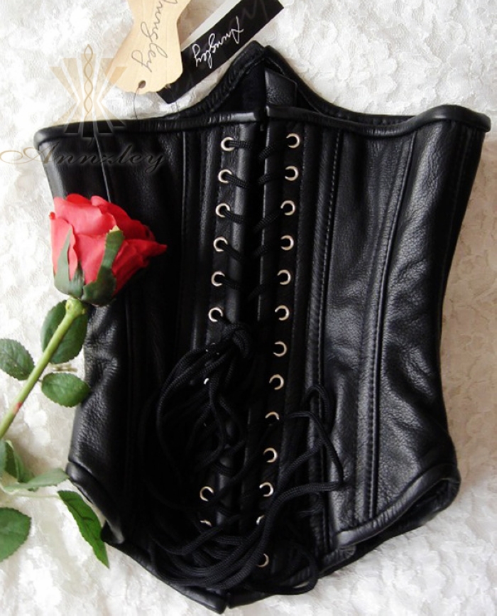 Authentic black Genuine Leather Underbust Corset Steel Boned Waist Training Cincher2.JPG