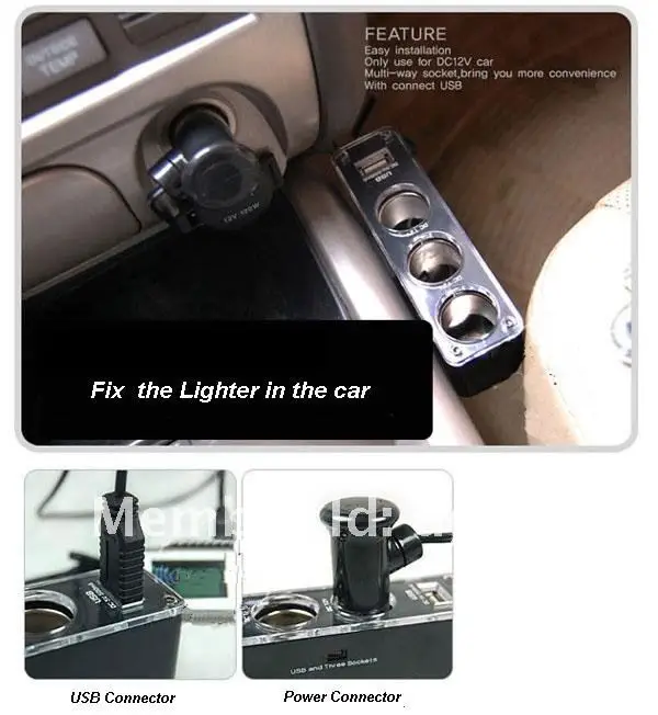 Free shipping USB 3 way Car Cigarette Lighter Socket Splitter Plug Charger DC 12V Adapte with retail box.
