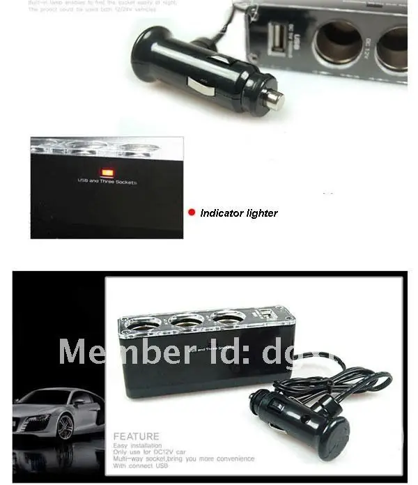 Free shipping USB 3 way Car Cigarette Lighter Socket Splitter Plug Charger DC 12V Adapte with retail box.