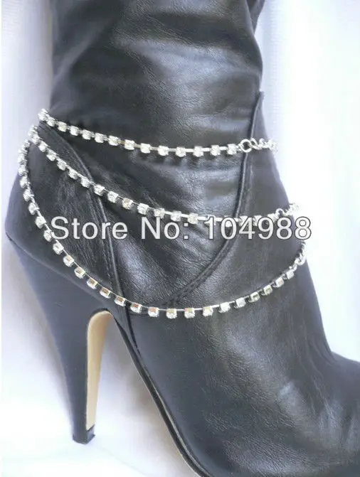 NEW WOMEN SILVER CHAIN BOOT STRAP 3 ROWS RHINESTONES STRANDS WESTERN SHOES CHARM