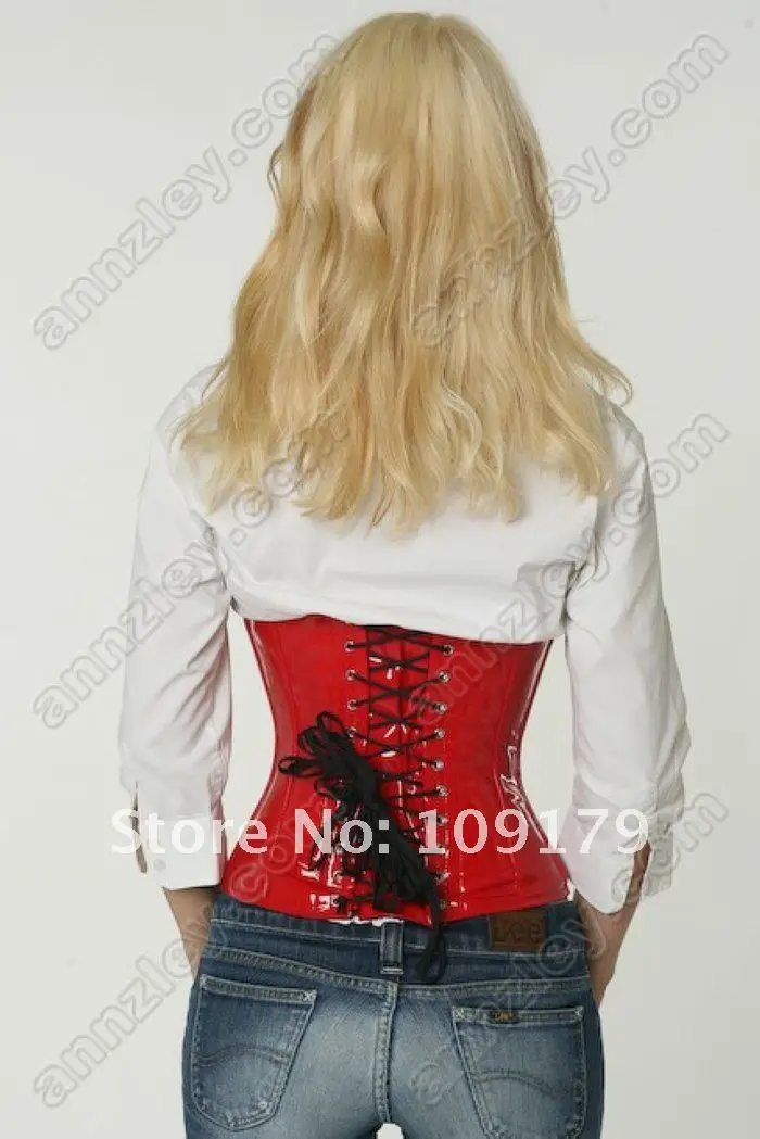 Steel Boned Red Patent Leather Corset Underbust Waist Cincher (1).jpg