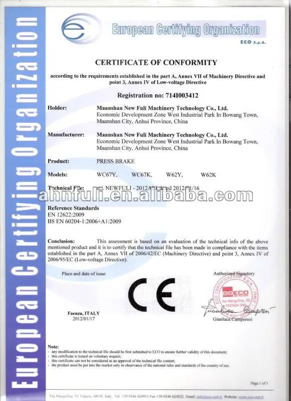 CE Certificate of press brake x