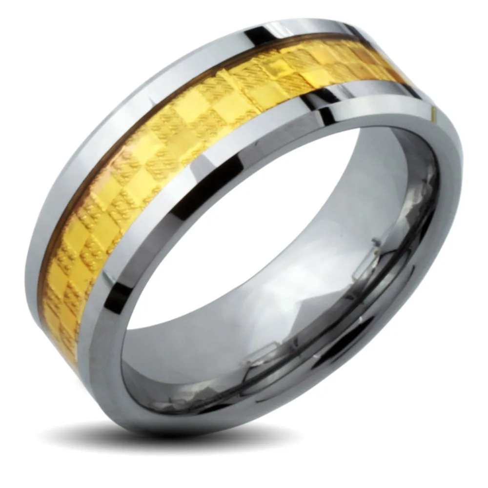 West-Coast-Jewelry-Mens-Tungsten-Carbide-Gold-Checker-Inlay-Comfort-Fit-Ring