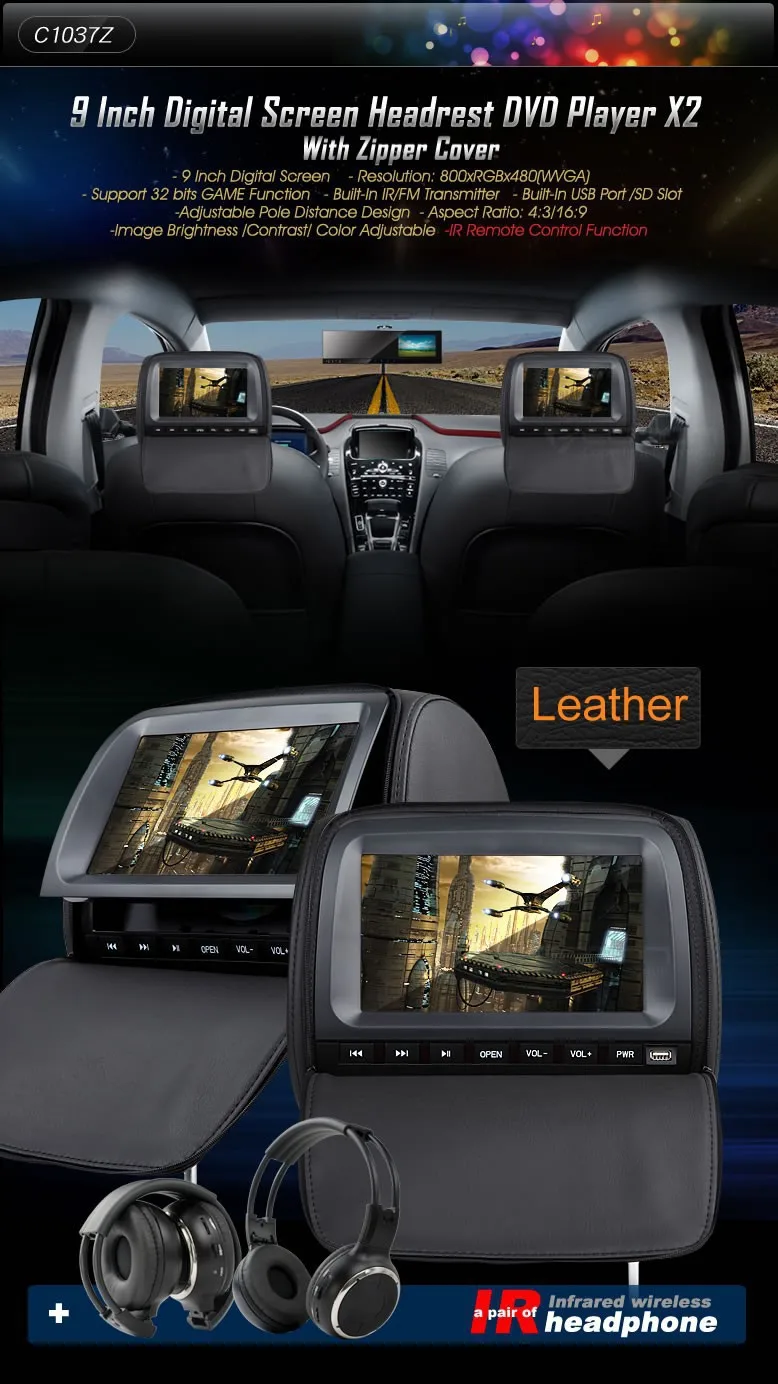 Discount C1037Z 2X9 Inch BLACK car HEADREST DVD PLAYER WITH ZIPPER COVER SUPPORT 32 BITS GAME FUNCTION  with 2xIR headphone 0