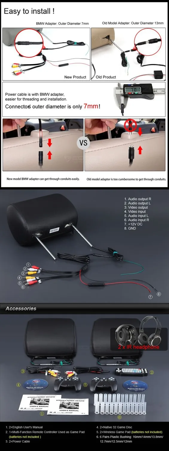 Best C1037Z 2X9 Inch BLACK car HEADREST DVD PLAYER WITH ZIPPER COVER SUPPORT 32 BITS GAME FUNCTION  with 2xIR headphone 5