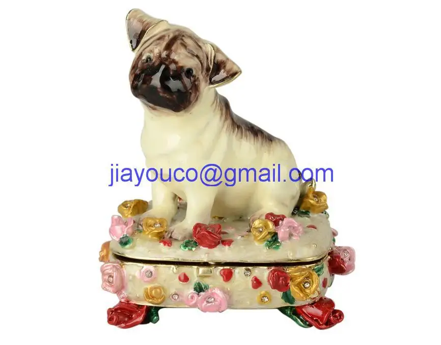 Pug on the box animal wholesale trinket box pewter jewel box ornament with inlaid crystal pewter enamel.JPG