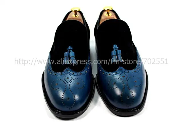 Adhesive craft custom handmade pure genuine calf leather men's  tassel slip-on color black suede/navy shoe No.Loafer 17