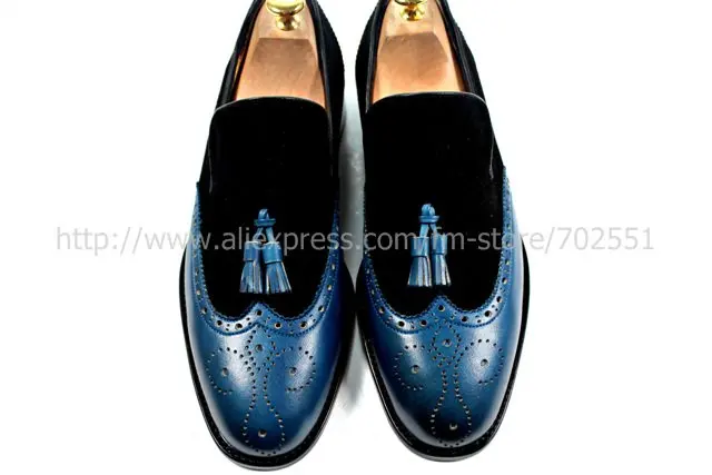 Adhesive craft custom handmade pure genuine calf leather men's  tassel slip-on color black suede/navy shoe No.Loafer 17