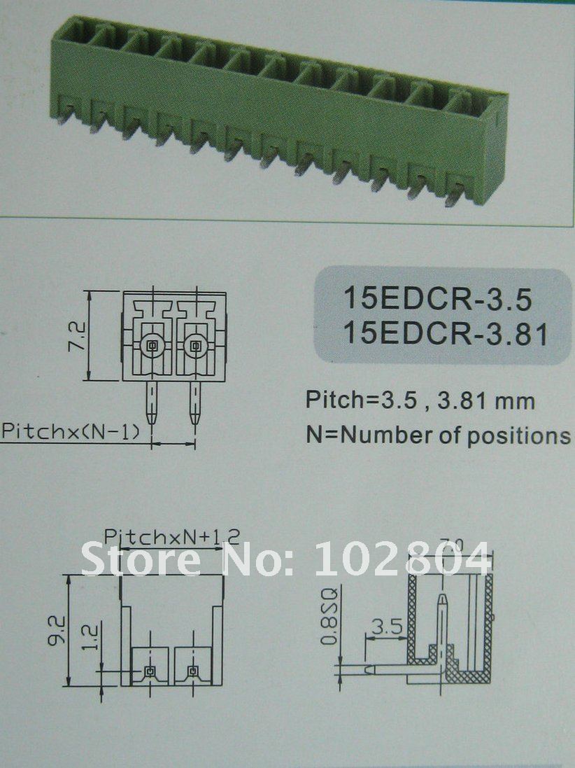 100 pcs Angle 6pin/way Pitch 3.81mm Screw Terminal Block Connector Green Color Pluggable Type with angle pin