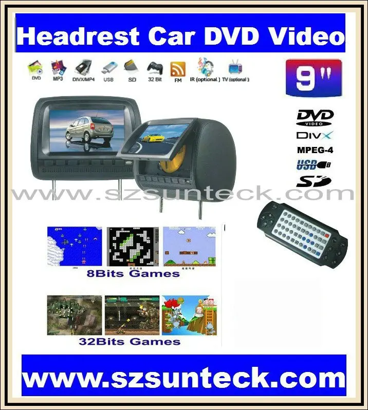 Flash Deal free shipping -for 1 pair--9 inch headrest car dvd palyer with 32bit game+MPEG4+USB+SD+FM 0
