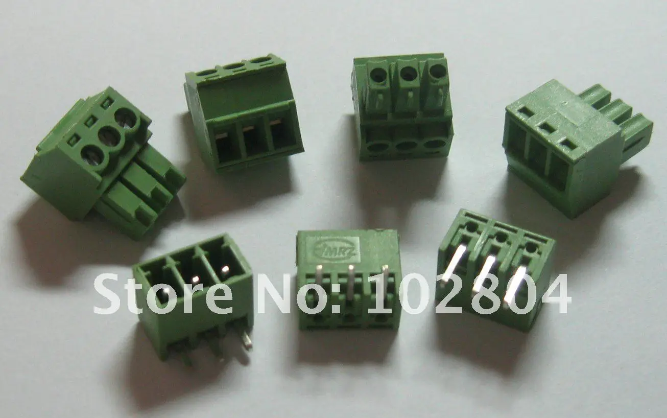 100 pcs Angle 3pin/way Pitch 3.81mm Screw Terminal Block Connector Green Color Pluggable Type with angle pin