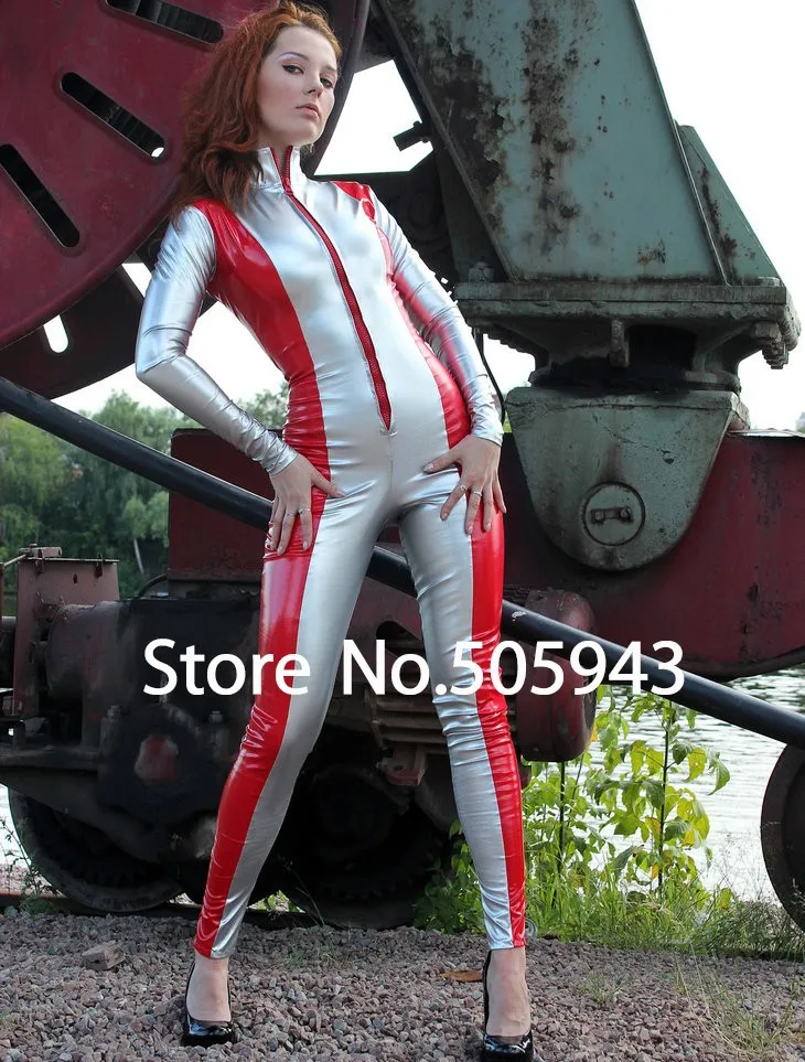 Free Shipping DHL Custom Made Adult Sexy Full Body Red & Silver PVC Zentai Catsuit Fancy Dress Zentai Suit For Halloween Party (2)