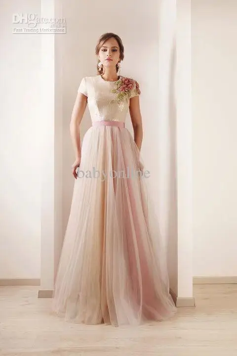 2013 New Sexy Short Sleeves Tulle Prom Dresses Print Beaded High Collar Sash Wedding Dresses DS03