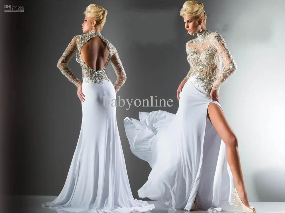 2012 Babyonline New Sexy Long Sleeves Chiffon Prom Dress Lace Split Backless Evening Dresses 113C12