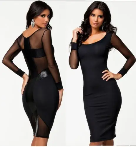 ML17963-See-Through Long Sleeves Midi Cross Dress