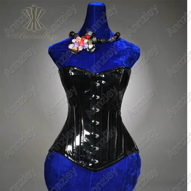 Sexy Black Leather Overbust Steel Boned PVC Corset (1)