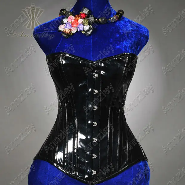 Sexy Black Leather Overbust Steel Boned PVC Corset (2)