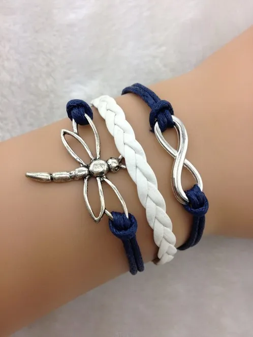 Dragonfly Charm Bracelet in Silver - Navy Blue Wax Cords and Leather Braid - Friendship Gift 1731