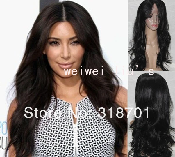 Kim Kardashian Coiffure Long Ondulé Noir avant de Lacet Perruque Célébrité Coiffure dentelle perruques livraison gratuite dans Perruques en cheveux