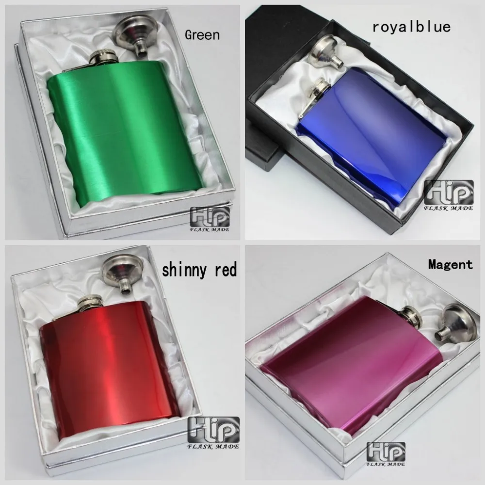 Color painted 7OZ liquor  flask with funnel in gift box , Blue , red ,magenta ,green ,mixed color Customized logo accept