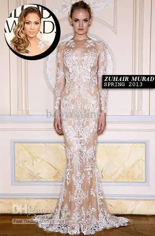NUDE EMBROIDERED Lace White Champagne Long Sleeves Evening Dress Celebrity Dresses