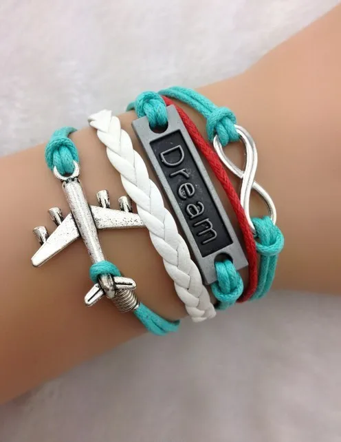 Infinity, Dream & airplane charm Bracelet - Antique Silver - Wax Cords and Imitation Leather Bracelet -Personalized, Friendship gift 1779