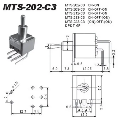 Furo de Montagem Toggle Switch On-on c3 6 Pinos 6a 125 v ac 6mm Mts-202 - 1 MTS-202 toggle switch ON-ON C3 6 pinos
