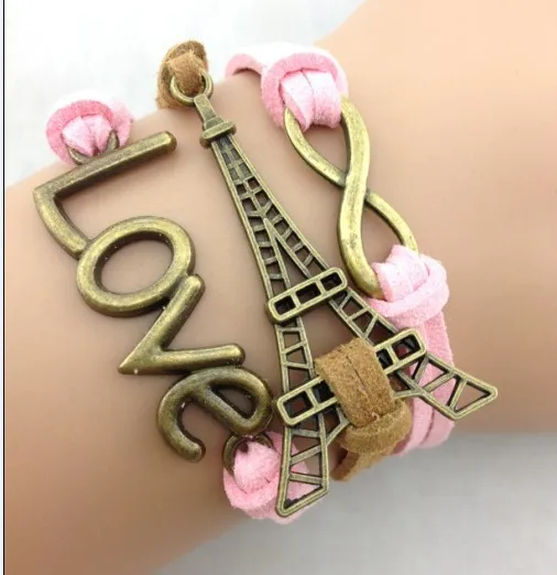 Faith Bracelet, Infinity Love Eiffel Tower Bracelet Antique Bronze Pink Grey Leather Bracelet Cute Bracelet  1451