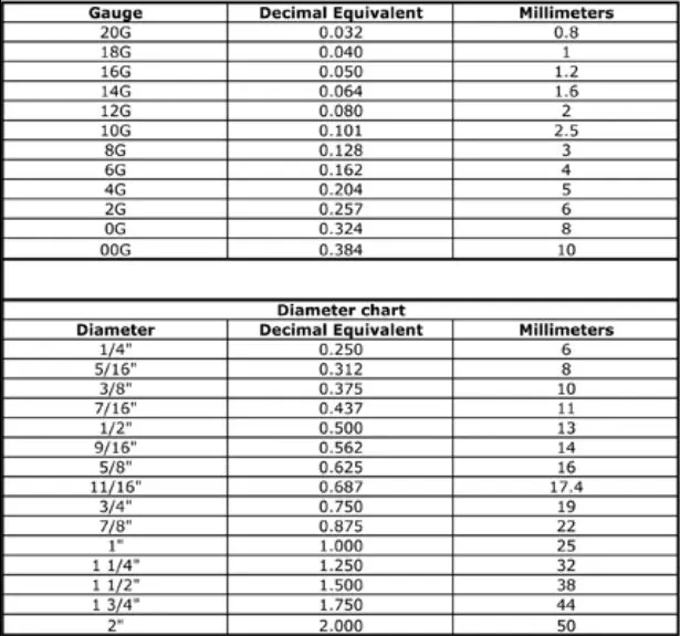 Barbell Length Size Chart